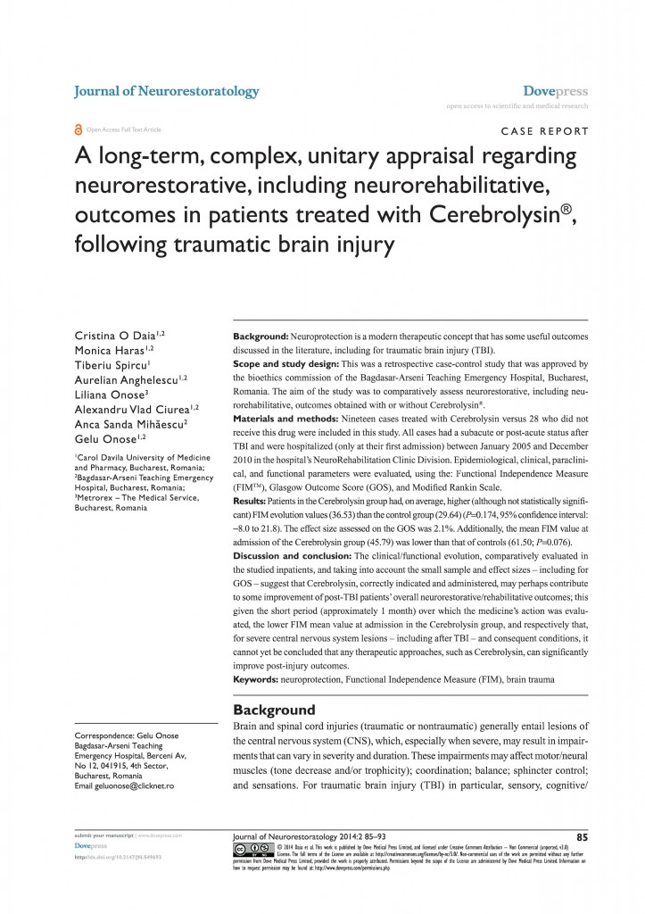 A long-term, complex, unitary appraisal regarding neurorestorative, including neurorehabilitative,outcomes in patients treated with Cerebrolysin®,following traumatic brain injury
