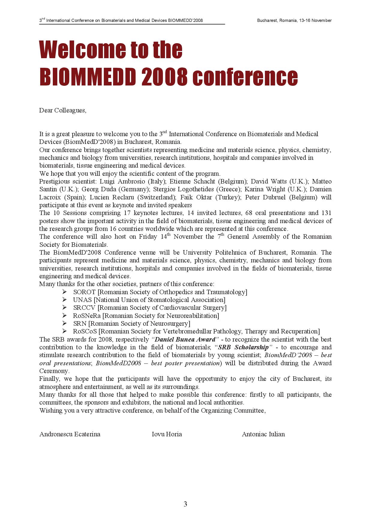 3rd International Conference on Biomaterials and Medical Devices BIOMMEDD’2008