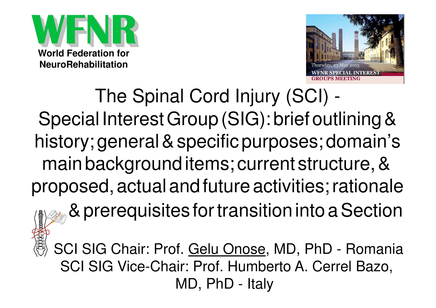 The Spinal Cord Injury SIG - presentation at the Pavia Meeting - May 2013 -
